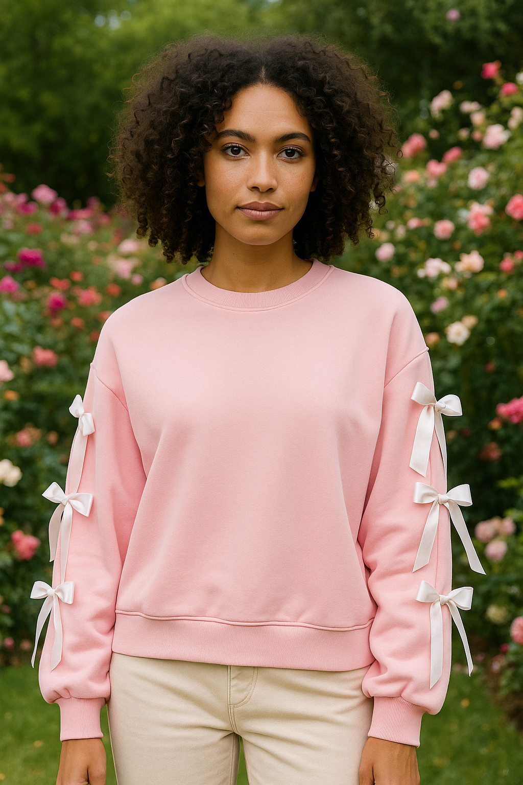 Pull rose à noeuds décoratifs sur les manches