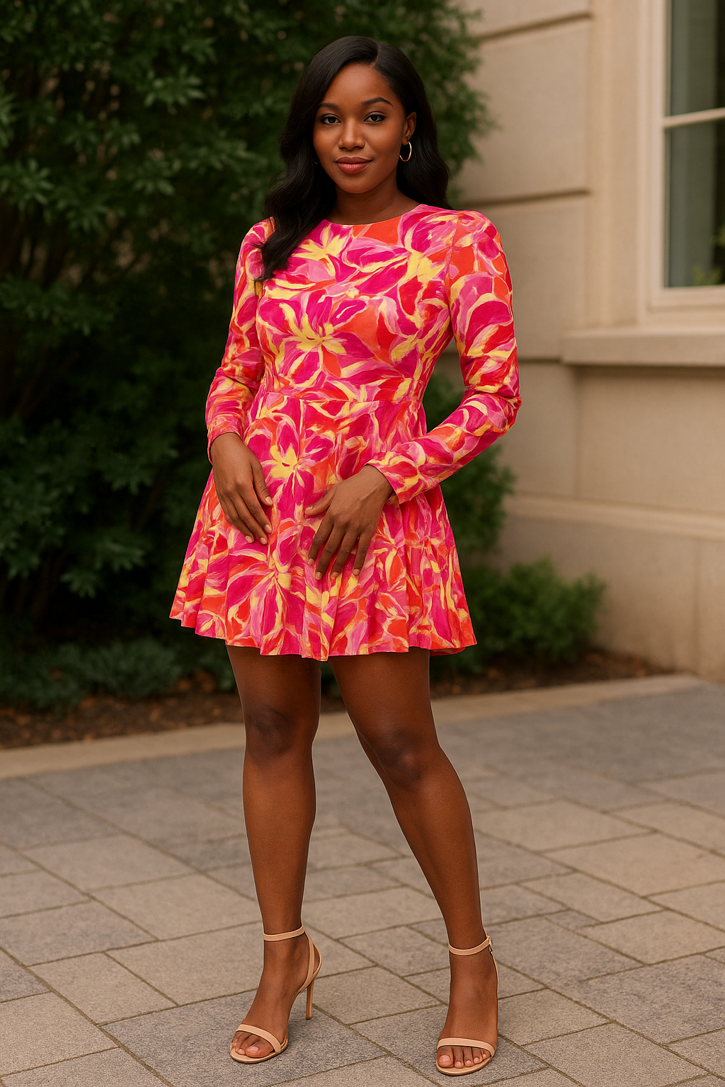 Robe florale courte à manches longues